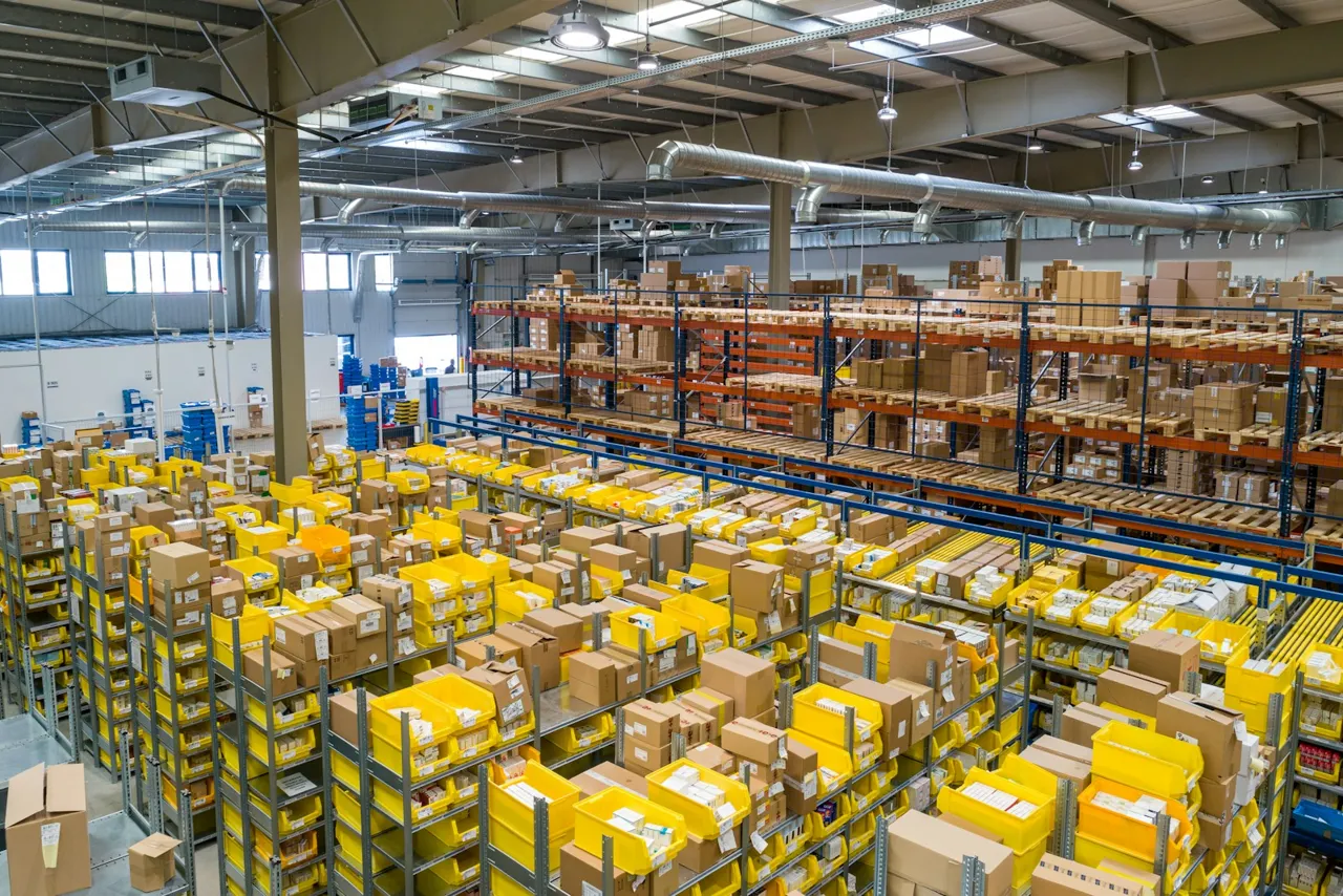 Storage shelves inside a large distribution facility